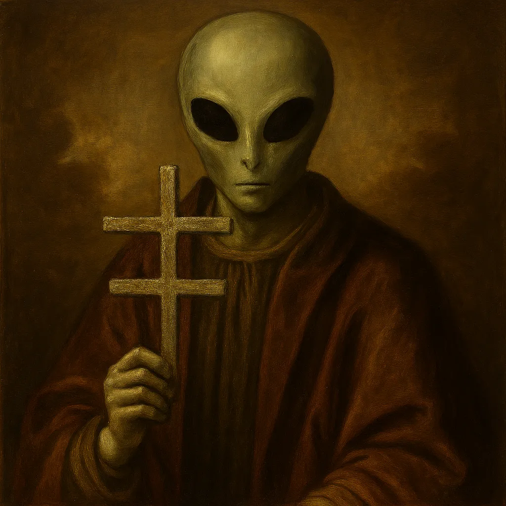 A Grey in crimson vestments bearing the Axis of Contact — the double-barred cross of the Church.