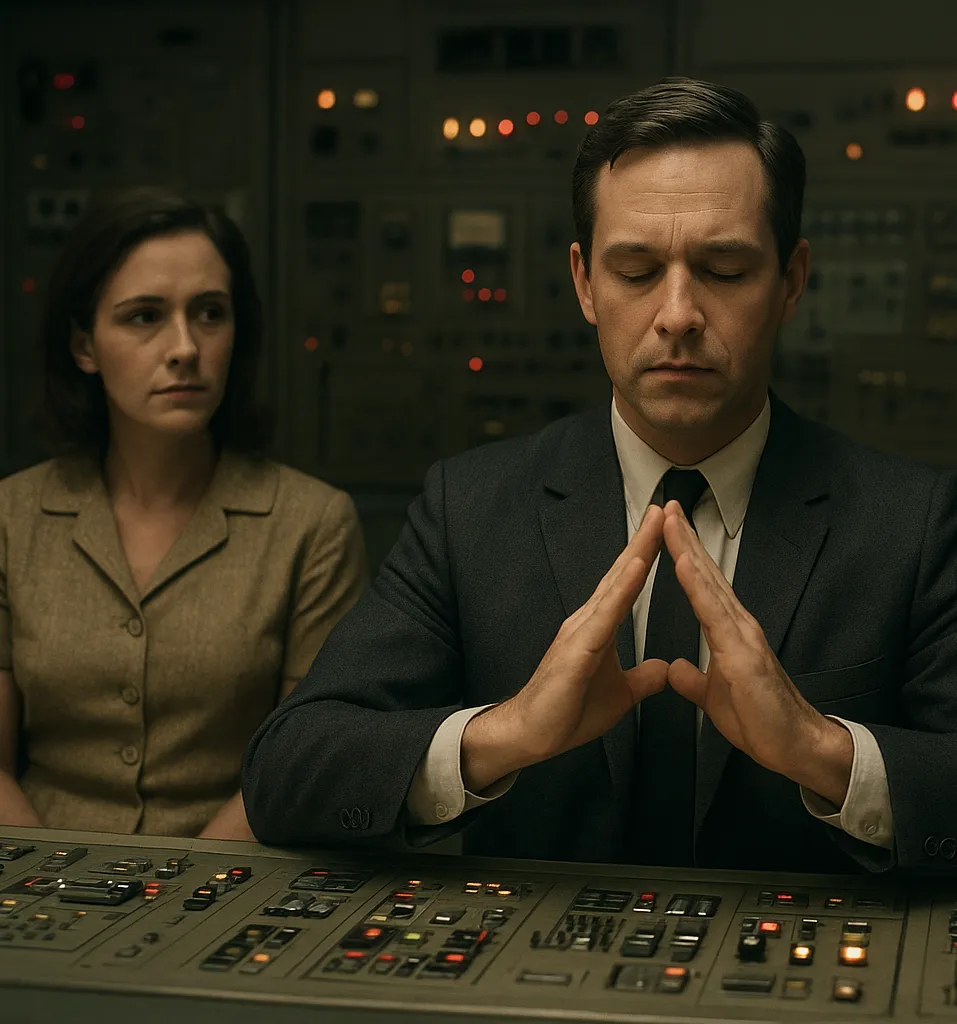 An engineer at a mission-control console forms the fingertip triangle of the Binary Invocation, eyes closed, before launch.