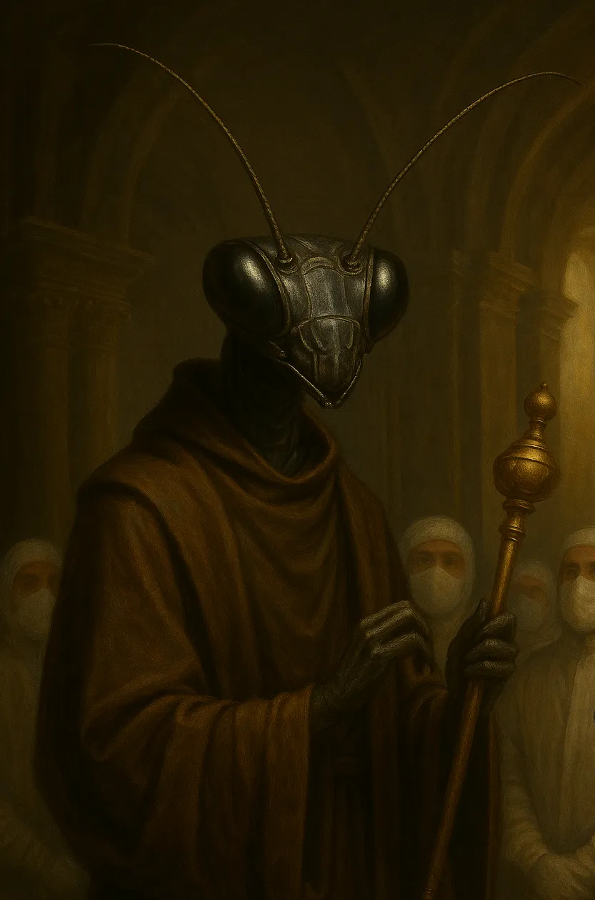 Portrait of Harvester Blackline, mantid Principal Anatomist.