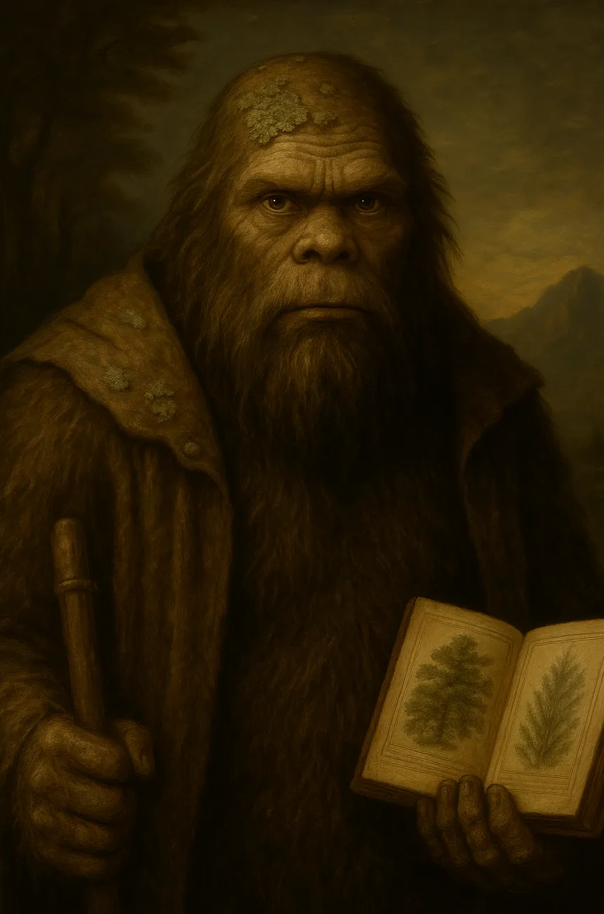 Portrait of Clarence, Sasquatch and Regional Moss Compliance Officer, holding his botanical ledger.