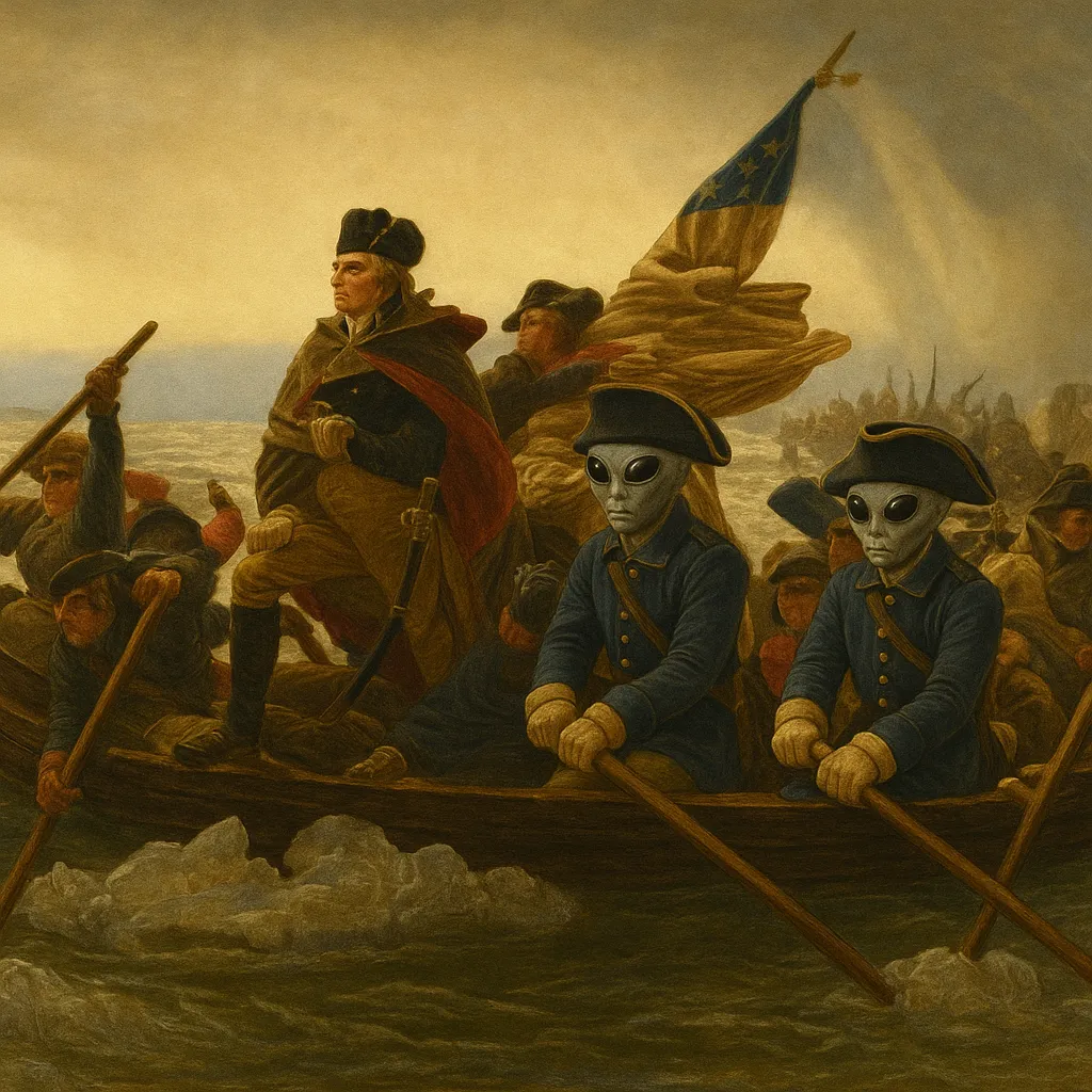 Washington crossing the Delaware, a craft visible above the ice-choked river.