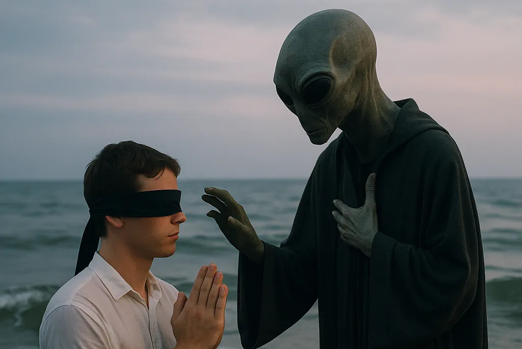 A blindfolded man kneeling in prayer at the shoreline before a robed Grey cleric.