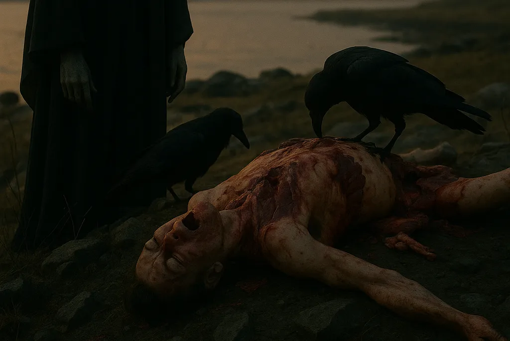 Ravens attending a body laid out on high ground at dusk, a robed officiant standing by.