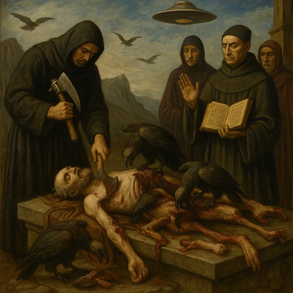 The Entropic Release: the executor raises the holy axe over the prepared remains as clergy read the rites, carrion birds gathering and a craft observing overhead.