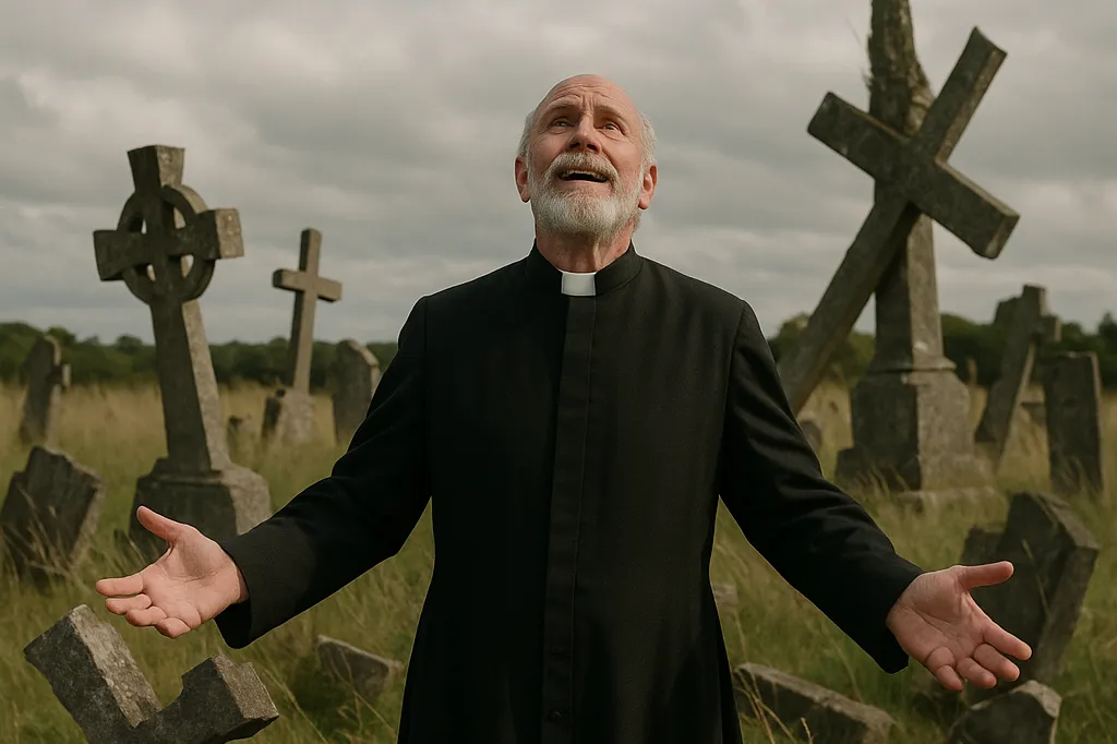 A clergyman standing among gravestones with his arms open, looking upward.
