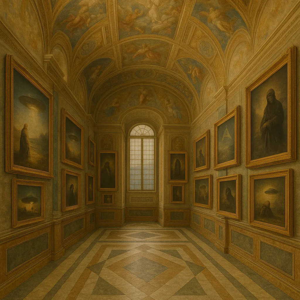 A renaissance gallery hall hung with gold-framed paintings of visitations, beneath a frescoed ceiling.