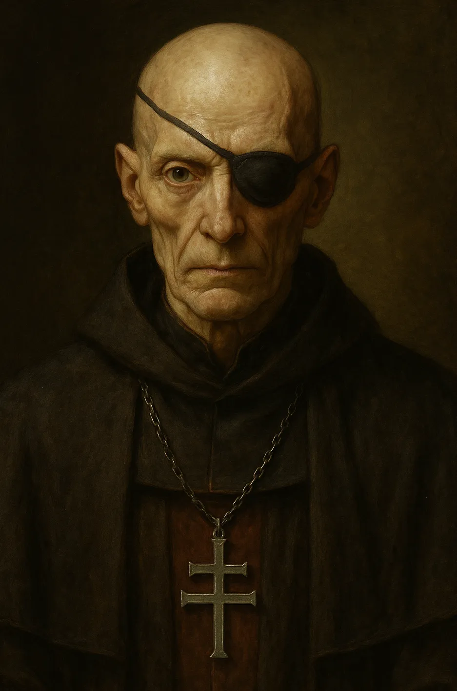 Portrait of Sacrosanct Leonidas, silver-veined and eyepatched, Eucharistic Tythic Chimerian.