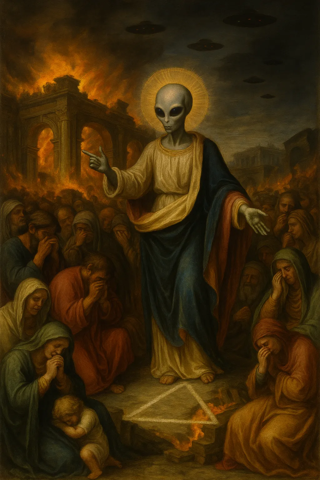The burning of the Library of Alexandria, its lost knowledge carried skyward.