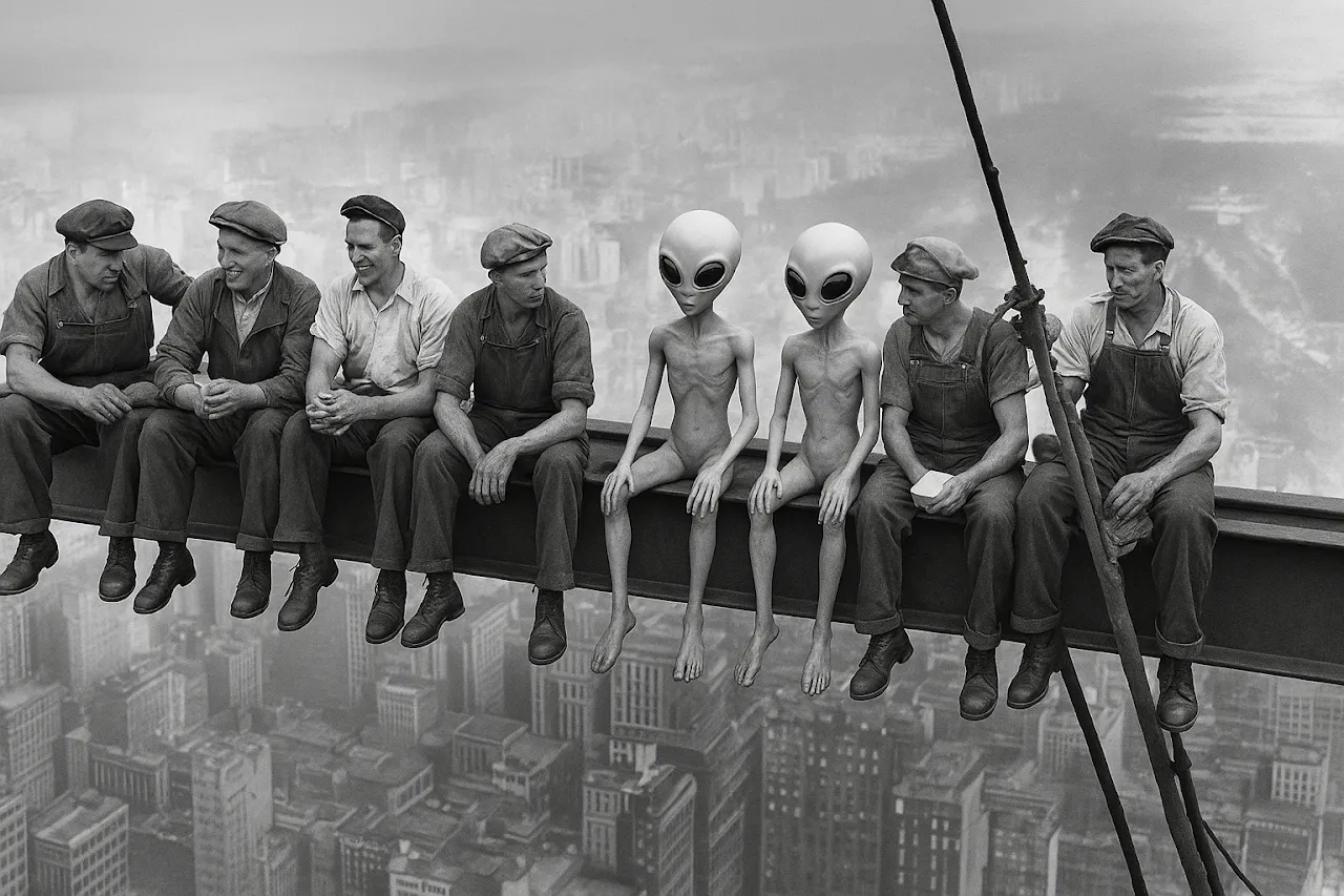 Ironworkers at lunch on a beam above New York City in 1932, joined by a Grey.