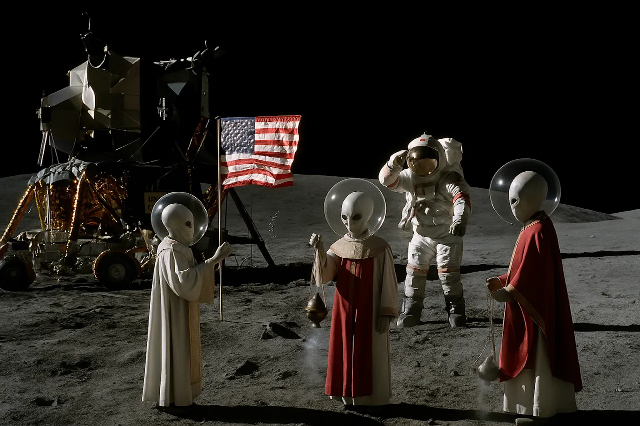 Alien clergy with censers stand at the lunar landing site beside the lander as an astronaut salutes the flag.