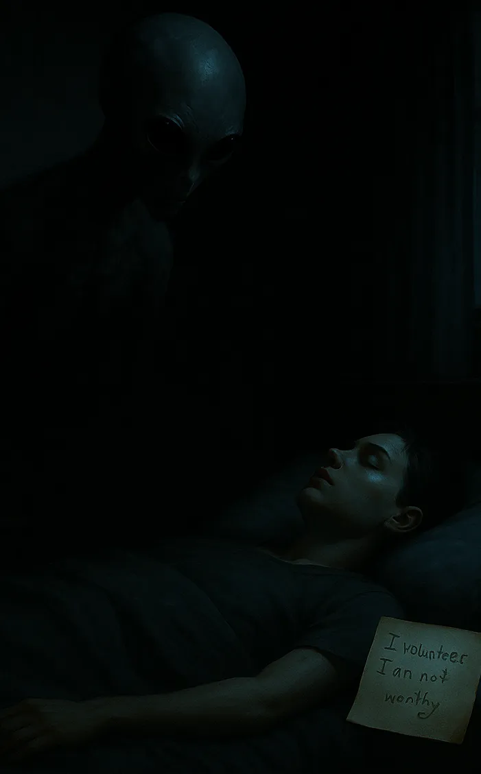 The Petition of the Insignificant: a sleeper lies flat and uncovered, the written plea beside the pillow, while a visitor regards them from the dark.