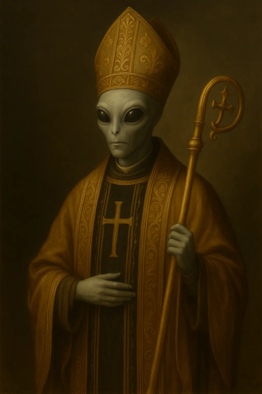 Portrait of the Pontifax Extraterror: a Grey in gold mitre and vestments, bearing the crosier of the Axis of Contact.