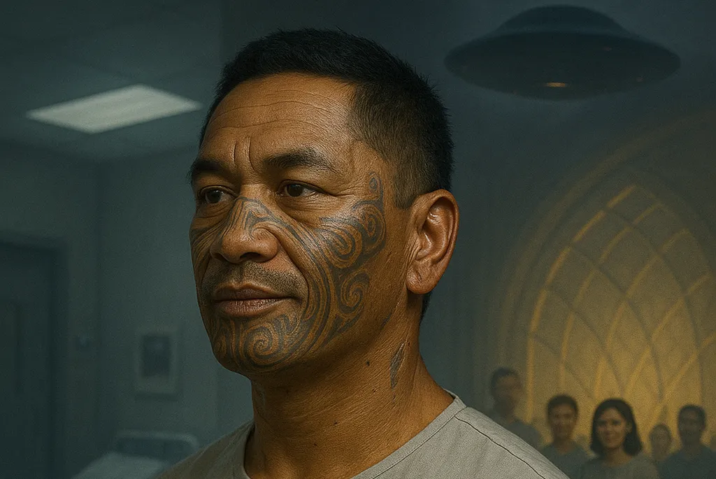 A man with facial tattoos in a hospital room, a craft visible above and a congregation behind him.