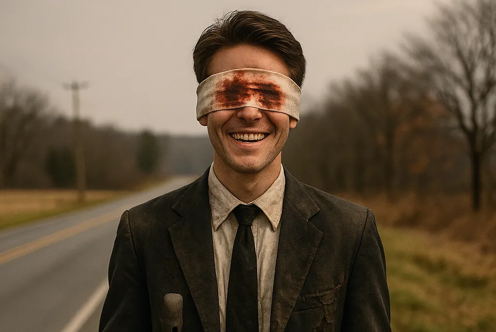 A smiling man on a roadside wearing a stained bandage over his eyes.