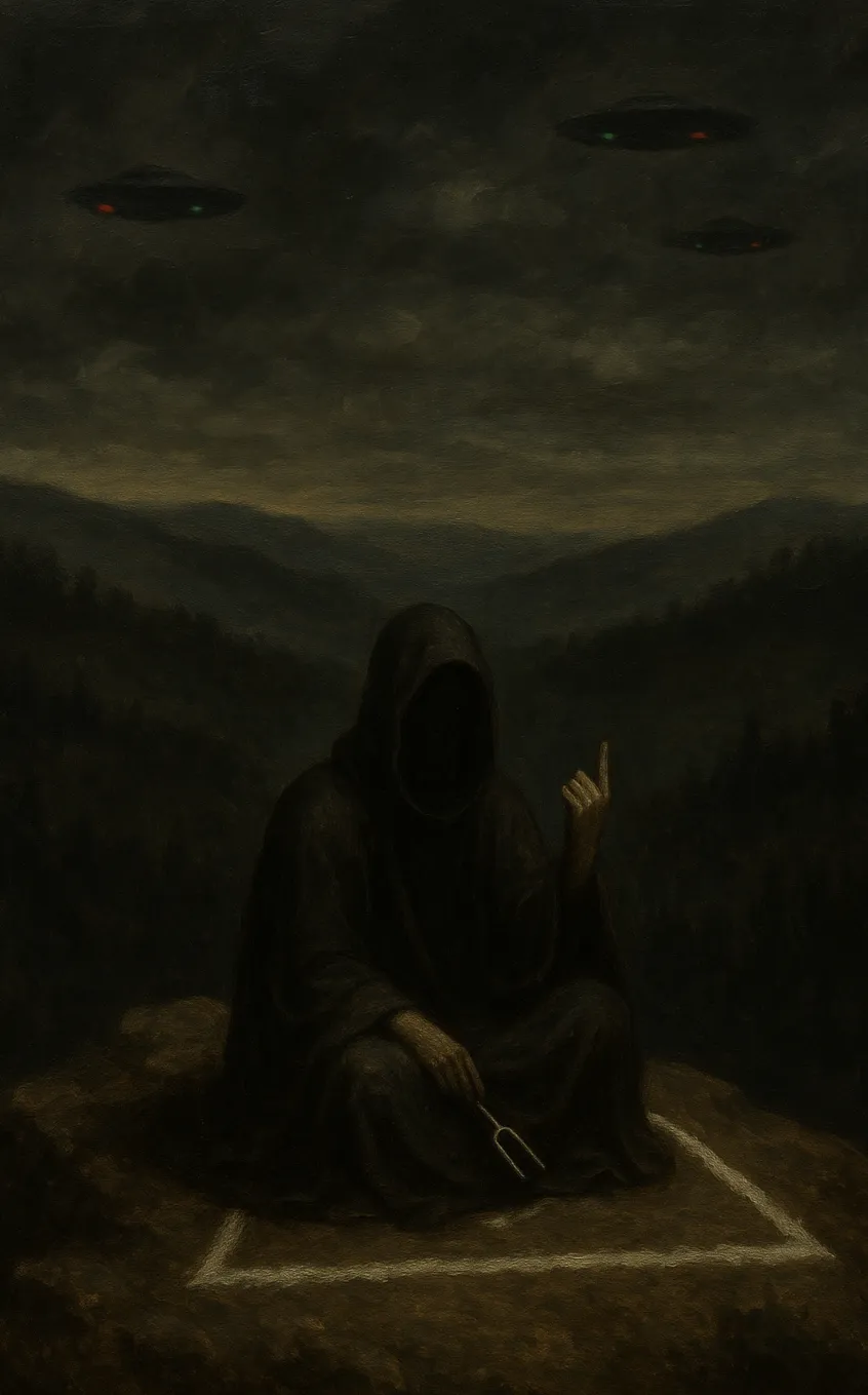The Skyward Invocation: a hooded celebrant sits within the chalk triangle on a dark ridge, tuning fork in hand, as craft gather in the night sky.