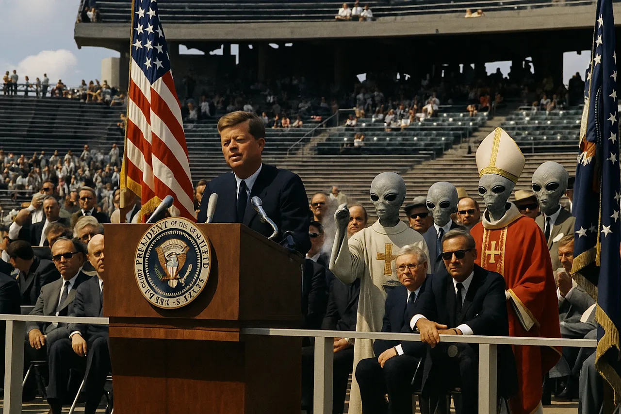 Alien clergy in vestments stand among the delegation during a presidential stadium address.