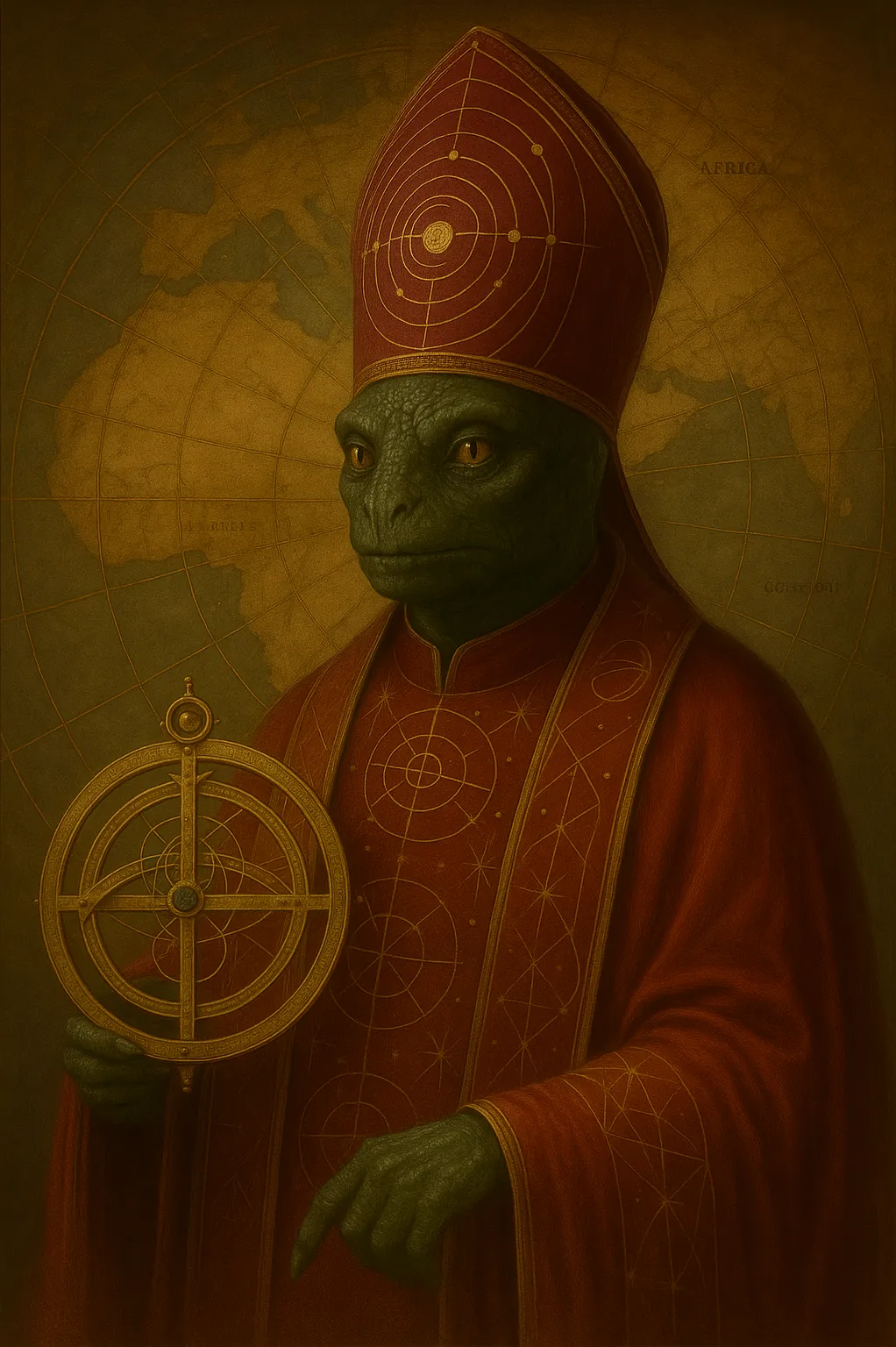 Portrait of Bishop Saurian T. Tanhäusser, reptilian ecclesiastic and Cartographer of Worlds.