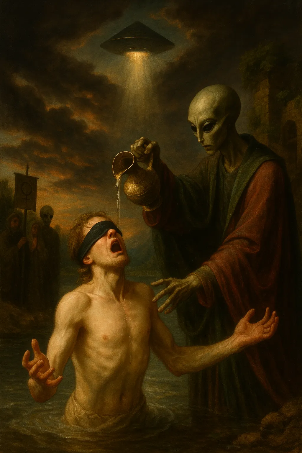 The Threshold Crossing: a blindfolded initiate stands in the water as a robed Grey pours from a golden ewer, a craft shedding light from above.