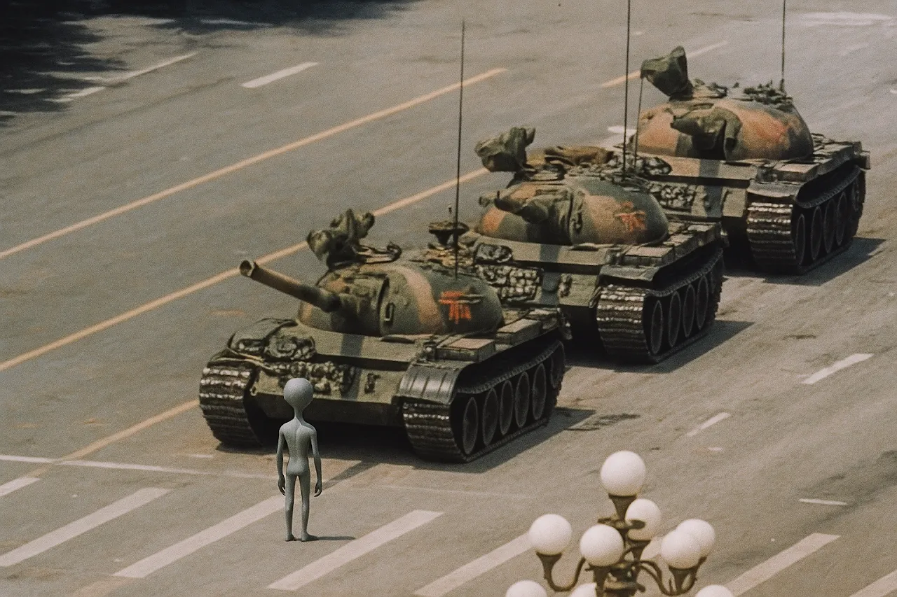 A lone man and a Grey stand together before a column of tanks, Tiananmen Square, 1989.