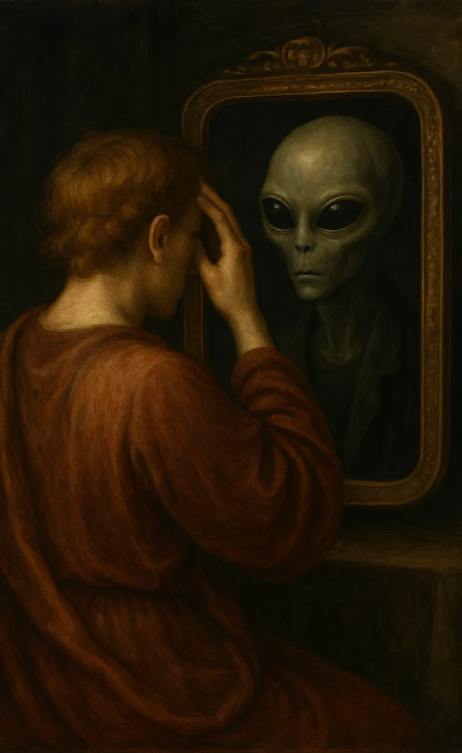 The Twilight Alignment: a practitioner before the mirror, whose reflection has already aligned.